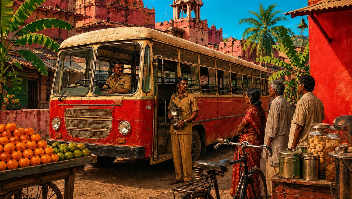 Deluxbus on a sunlit Indian bazaar street — Bus Driver playlist homepage